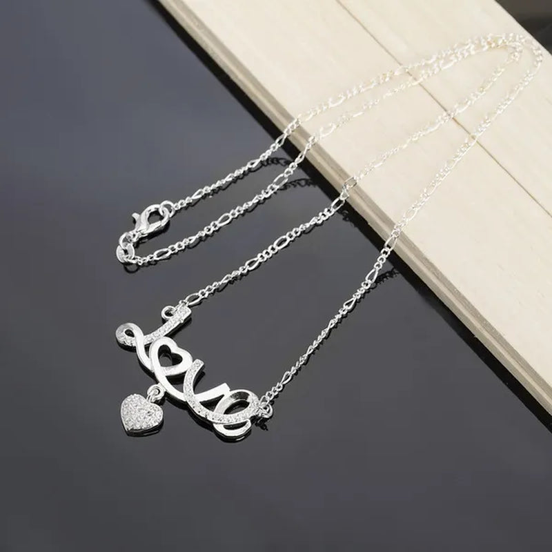 Pretty Women's 925 Sterling Silver Heart Beautiful LOVE Pendant Diamonds Necklace(with Chain)