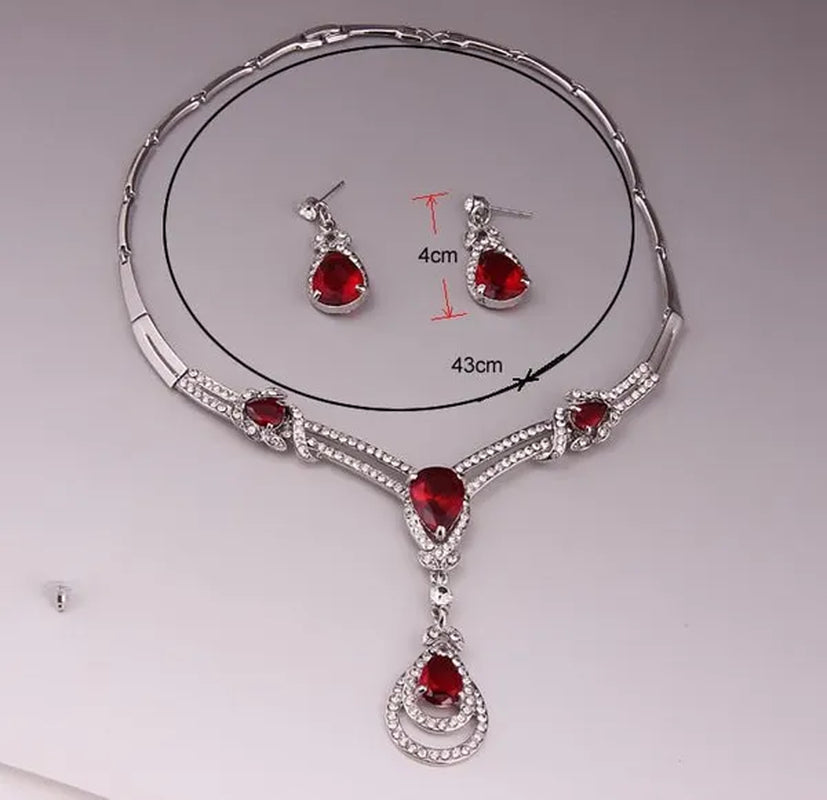 HOT Sale RED Garnet Ruby Topaz 18k Yellow/white Gold Plated Crystal Water Drop Necklace Earring Jewelry Set