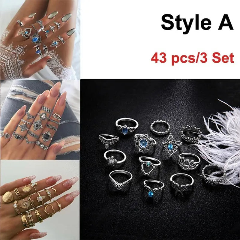 43 Pcs/3 Set Best Selling English Virgin Mary Diamond Simple Pattern Joint Ring Set Small Flower Leaf Rings For Women
