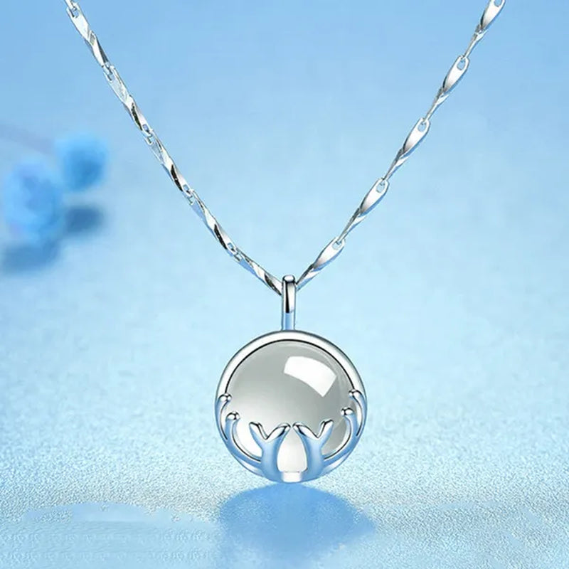 Fine Silver Color Antlers Shape Bezel Setting Round Cut Moonstone Pendant Necklace for Women Romantic Wedding Jewelry Gift