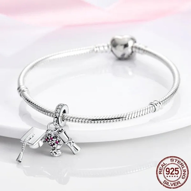 Graduation Flower Diploma Charm 925 Silver Pendant Beads fit Bracelet Necklace Original DIY Women jewelry Gift