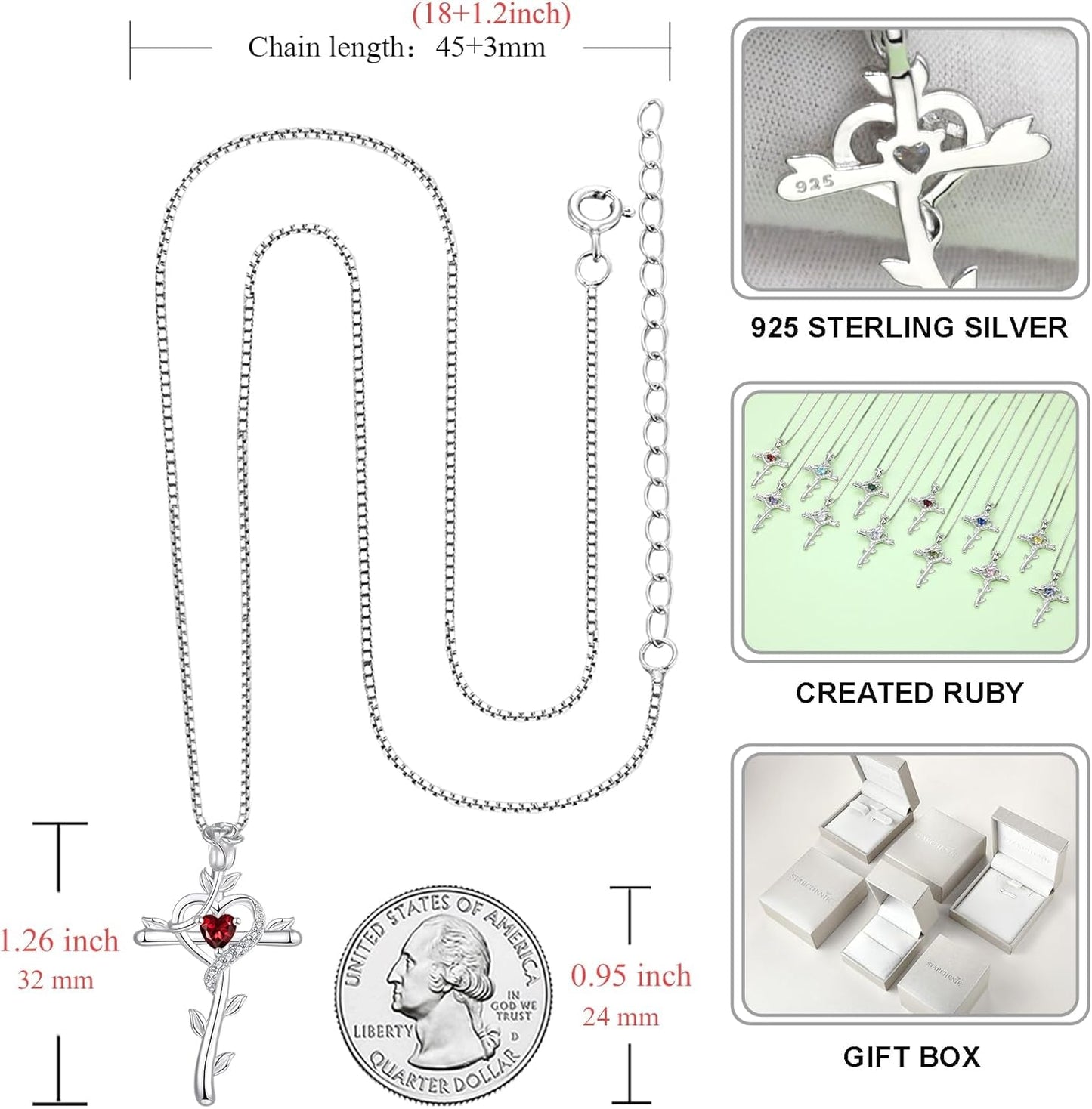 Rose Cross Necklace 925 Sterling Silver Heart Crucifix Pendant Birthstones Jewelry for Women