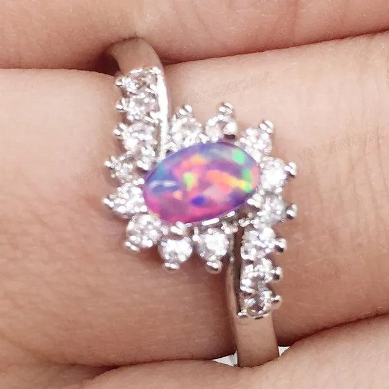 Exquisite Women's Silver Ring Oval Cut Fire Opal Diamond Jewelry Birthday Proposal Gift Bridal Engagement Party Band Rings Size 5-12