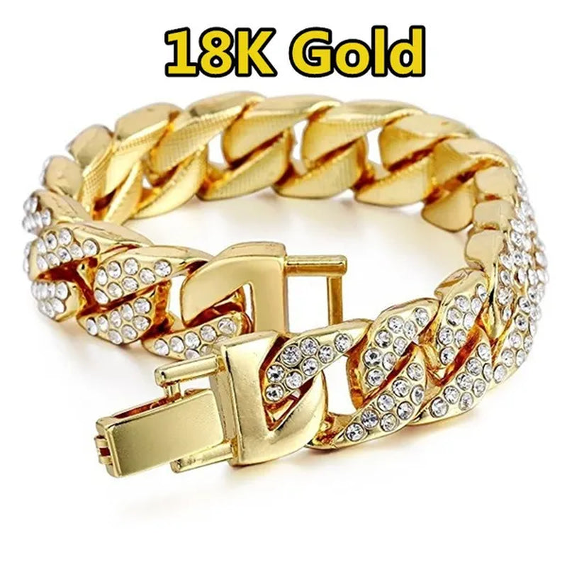 2018 Fashion Mens Womens Chain Hiphop Iced Out Curb Cuban Diamond 18K Gold / 24K Gold / 925 Silver Plated Bracelet Paved Clear Rhinestones