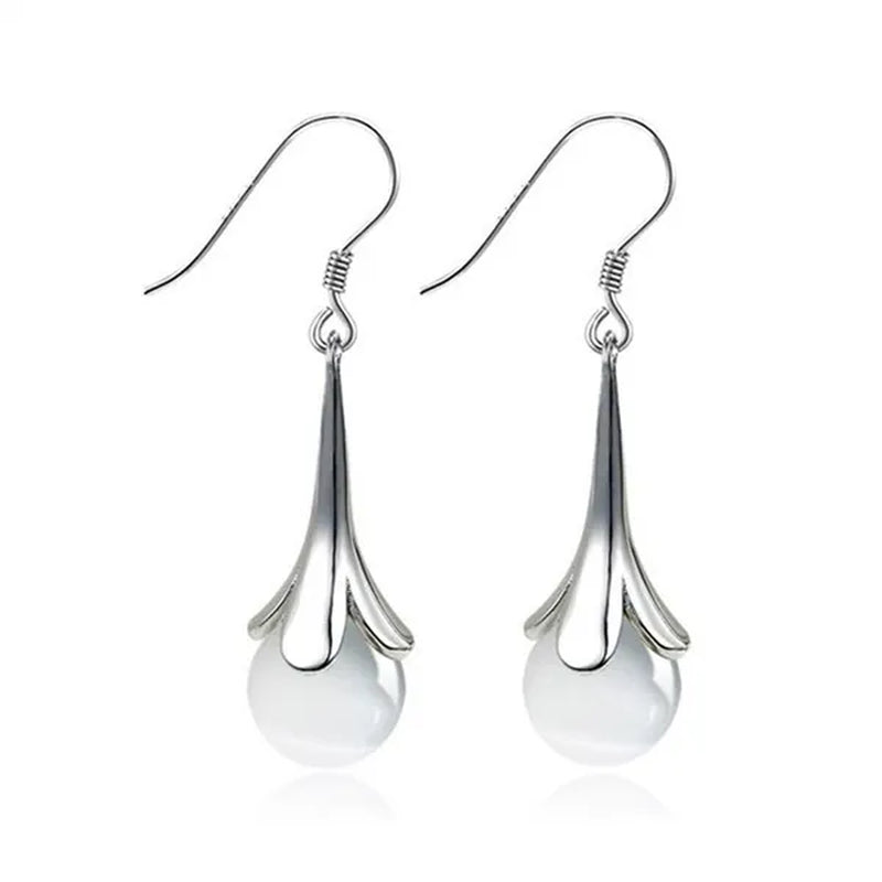 NEW ARRIVAL 925 Sterling Silver Long Earring Simple round Moonstone Dashing Woman Huggie Stud Christmas Birthday Gift Diamond Jewelry Bridal Lady Earrings