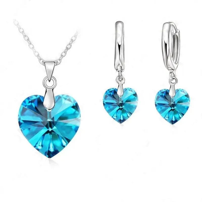 Romantic 925 Sterling Silver Blue Cubic Zircon Heart Shape Pendant Women Wedding Jewelry Sets