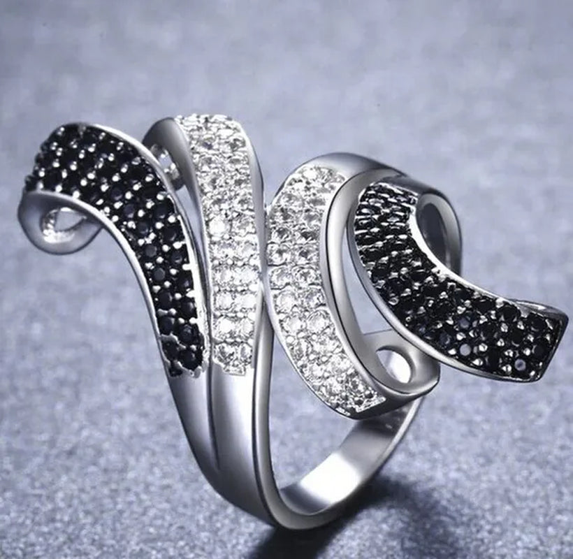 Gorgeous Silver Crown Natural Gemstones White Sapphire and Black Sapphire Birthstone Bride Wedding Engagement Multilayer Rose Flower Ring Size 6 7 8 9 10