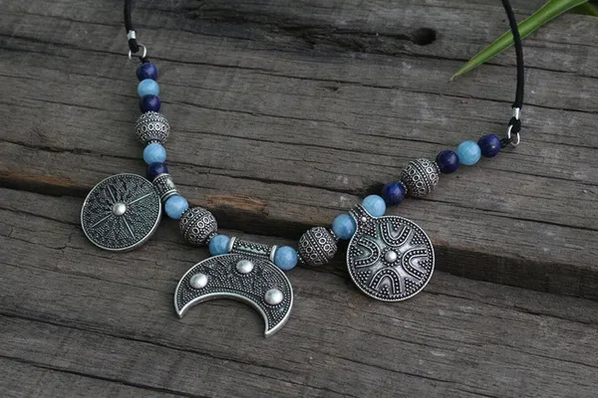 8Mm Lapis Lazuli and Amazonite Beads Necklace, Design Beads Necklace, Ethnic Jewelry, Beads Lover Jewelry, Viking Ethnic Jewelry