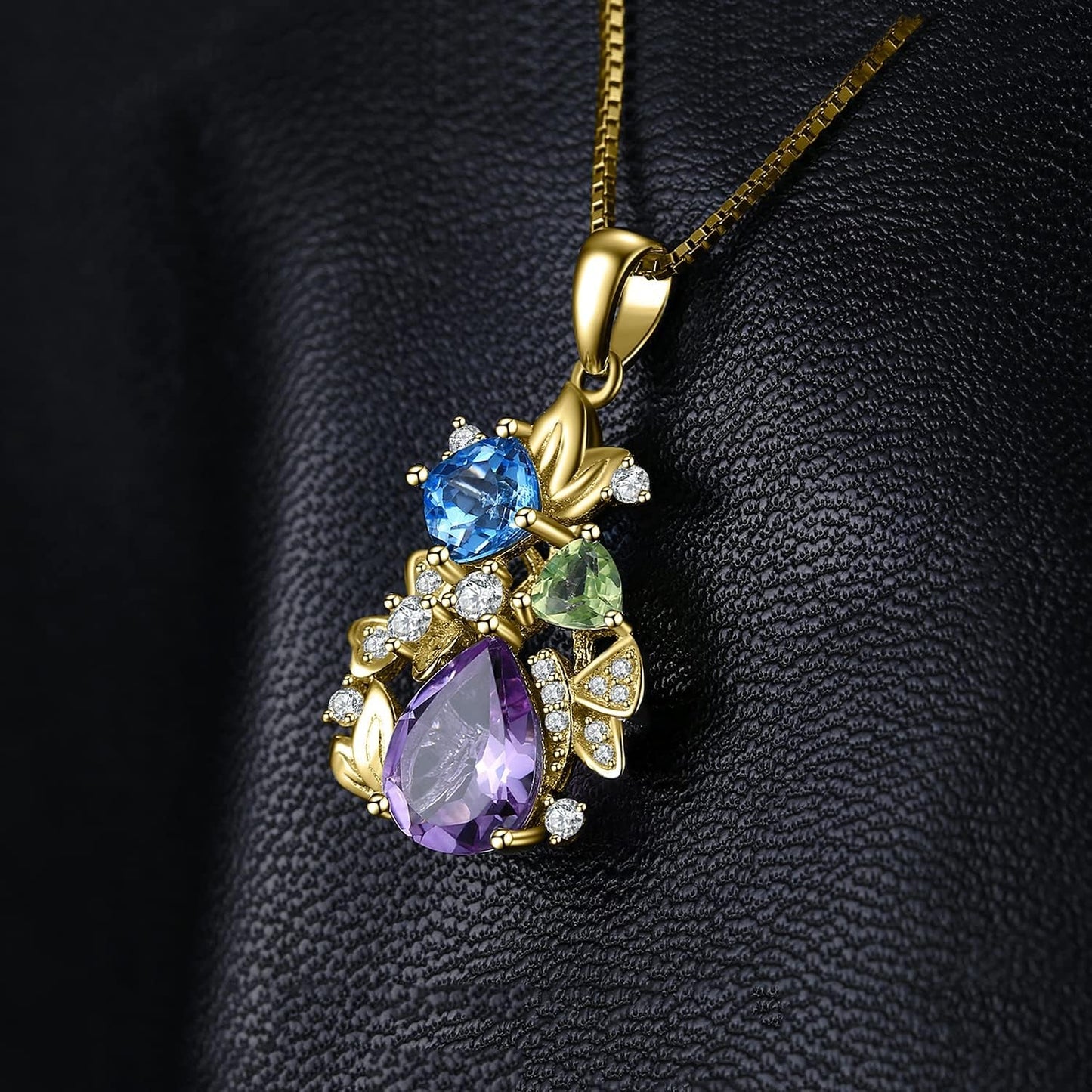 Flower Genuine Amethyst Peridot Blue Topaz Pendant Necklace for Women, Multicolor 925 Sterling Silver Necklaces, Natural Gemstone Jewelry Sets 18 Inches Chain