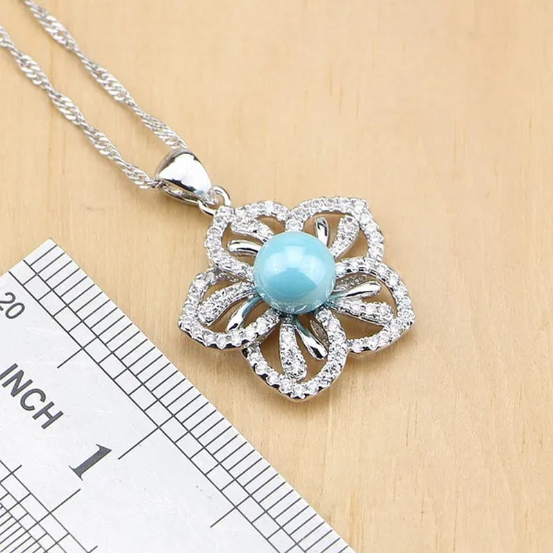 Flower 925 Silver Jewelry Set Blue Pearl with Beads Pendant Drop Earrings Rings Necklace for Women