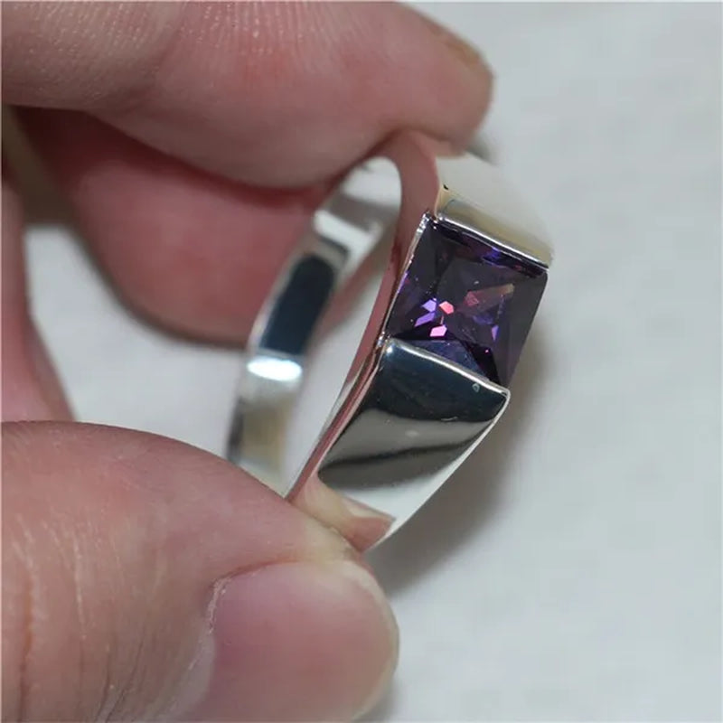 Men's Eternity 925 Sterling Silver Princess-cut purple Sapphire Stone Solitaire Ring Size 8-12