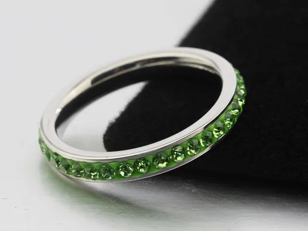 4MM Stackable Stainless Steel Eternity Plain Band Ring Men Women Drop Oil Green CZ Inlay Cubic Zircon Filled Crystals Birthstones Wedding Engagement Anniversary Valentine Cocktail Birthday Gift Size 6, 7,8,9,10,11,12