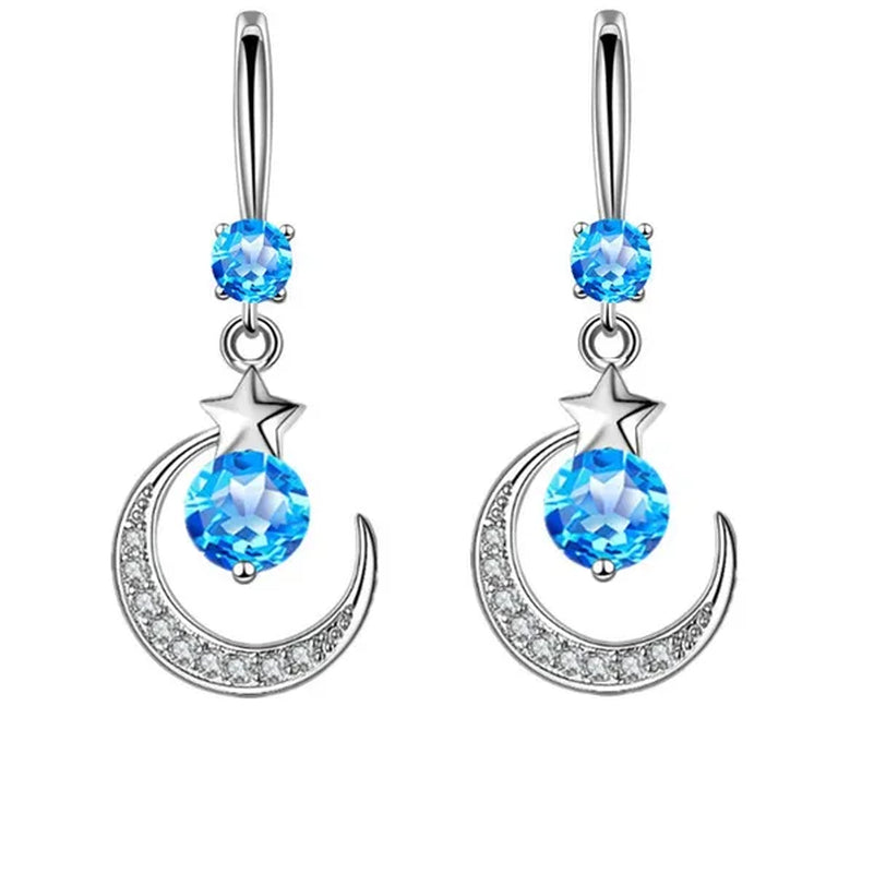 Female Fashion Star Moon Earrings Silver Plated Pink Blue White Cubic Zirconia Dangle Earrings Bride Wedding Engagement Anniversary Valentine'S Day Gift Jewelry