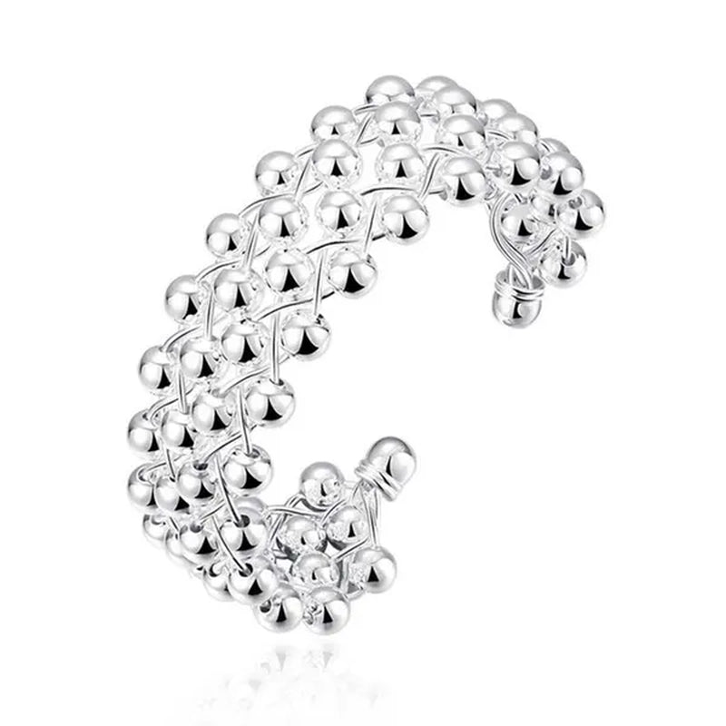 925 Sterling Silver Smooth Round Beads Hand-woven Four-row Wide Face Bangle Bracelet Fashion Charm Party Jewelry
