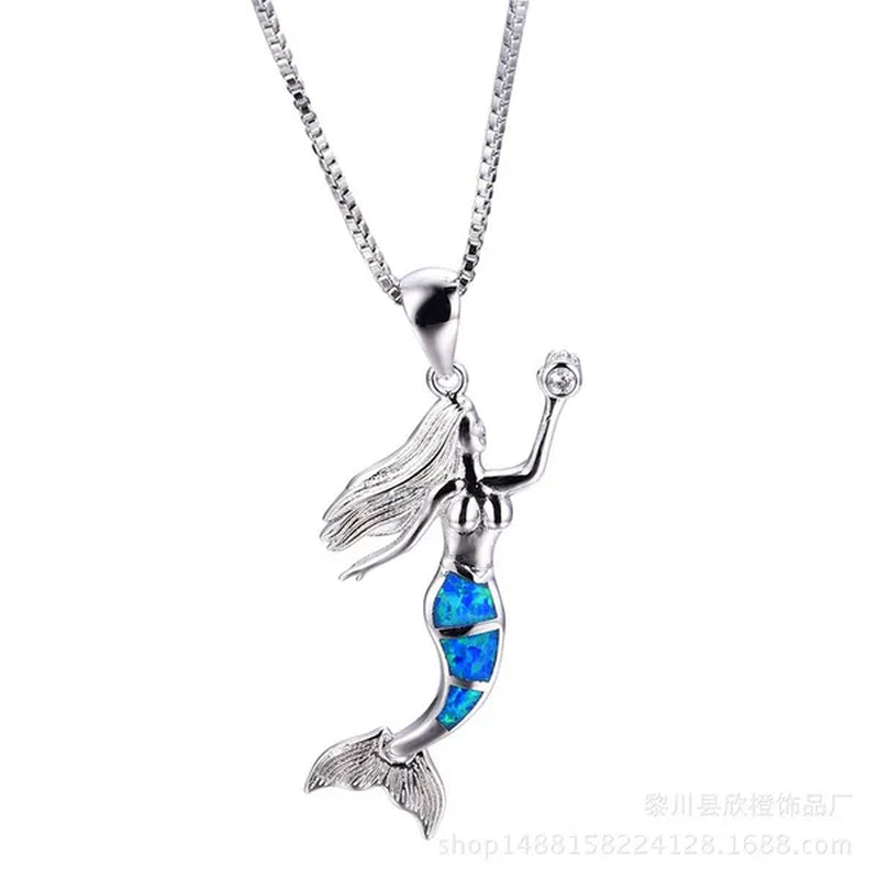 Heat! New Fashion Mermaid Fire Opal 925 Silver Pendant Necklace Bridal Personality Glamour Wedding Jewelry 5 colors