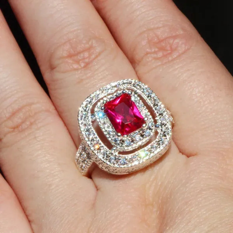 Princess Silver Natural Ruby Gemstones Birthstone Bride Wedding Engagement Strange Ring Size 6 7 8 9 10