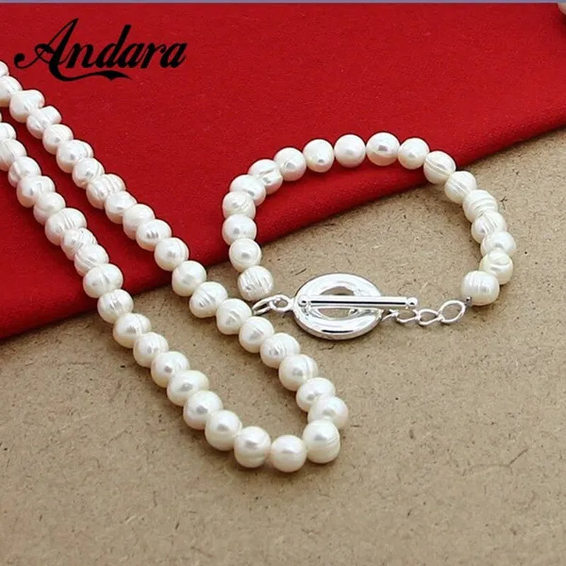 Pearl Jewelry Sets 925 Sterling Silver Natural Freshwater Pearl Necklace Bracelet Set Fashion Women Jewelry Wedding Gift