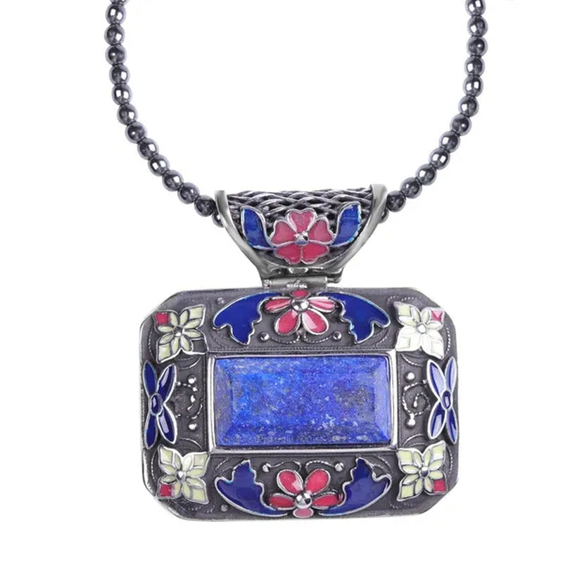 Shop LC Lapis Lazuli Enameled Stainless Steel Pendant with Hematite Beads Necklace 18" Fashion Bridesmaids Delicate Gift for Women