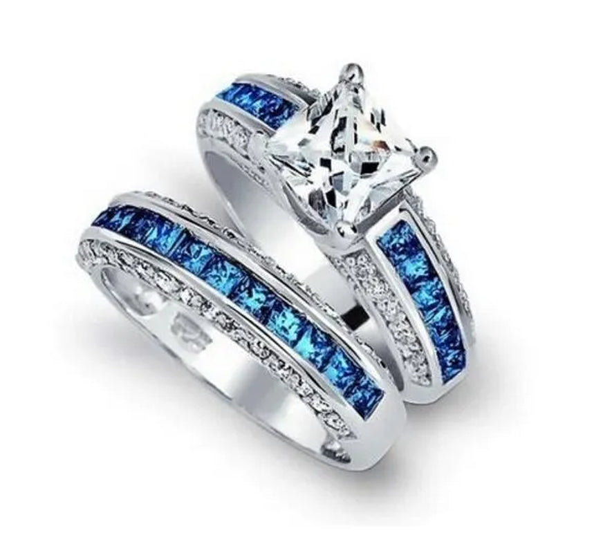 2Pcs/Set 925 Silver Plated Pink Purple White Sapphire CZ Wedding Set Rings Size 6-11 (Choice Color and Size )