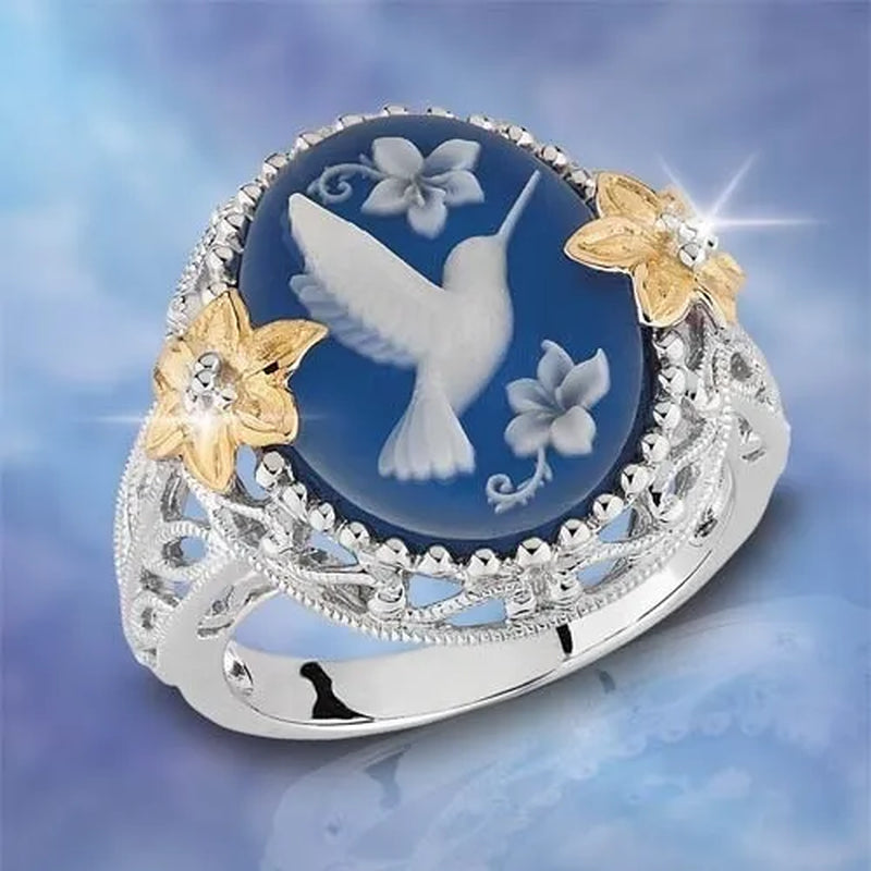 Exquisite Bridal alloy Ring White Bird Pigeon Dove Blue Wax Diamond Jewelry Solid Flower Exaggerated Engagement Cocktail Party Wedding Band Rings for Women Size 6 - 10