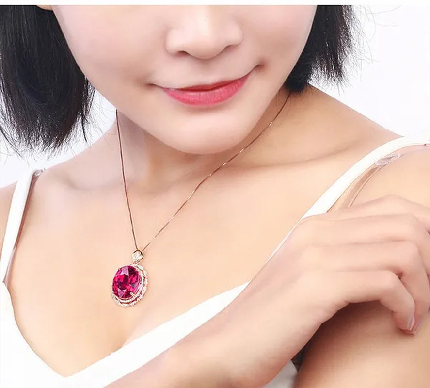 Rose Gold Big Oval Red Crystal Ruby Gemstones Diamonds Pendant Necklaces for Women Vintage Jewelry Choker Chain Bijoux Gifts