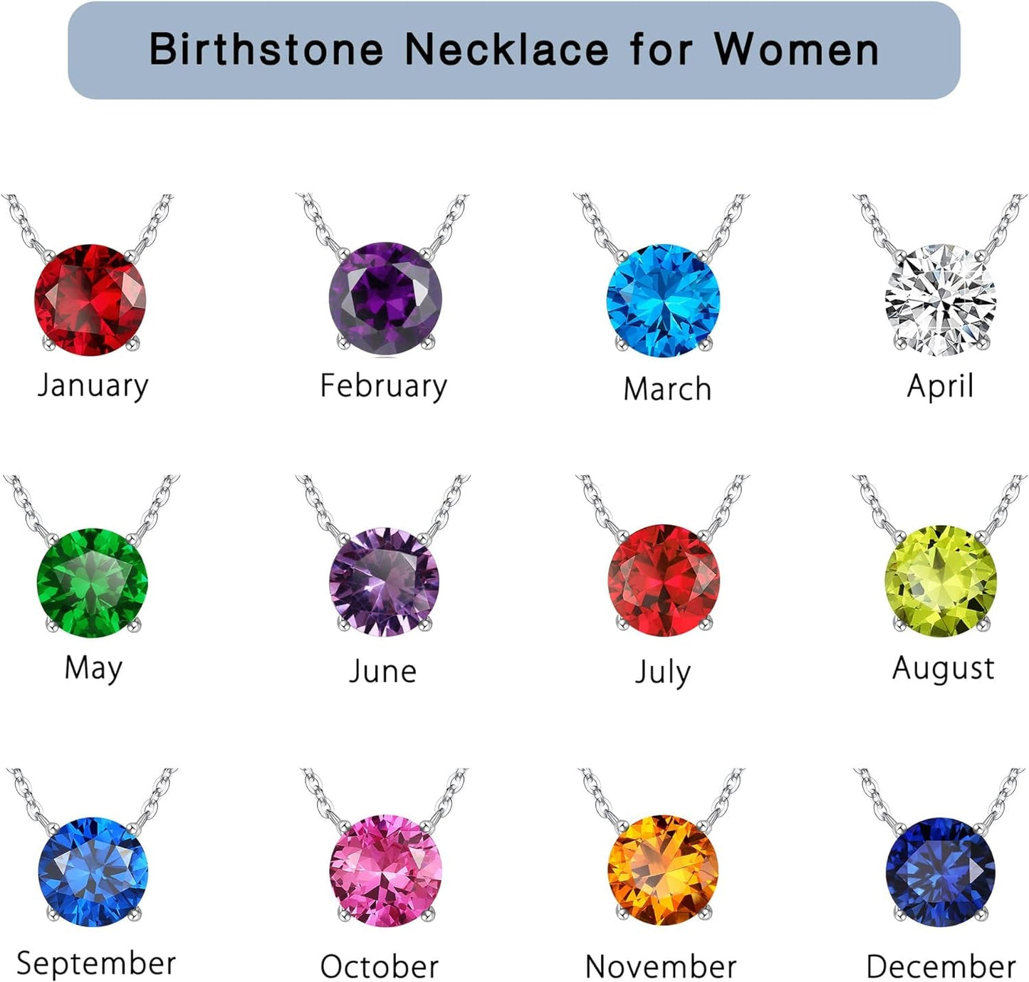 Birthstone Necklace for Women Girls - S925 Sterling Silver Genuine or Created round Birthstone Necklace Birthday Mothers Day Gifts 12 Months Birthstone Necklaces for Women Jewelry Gifts