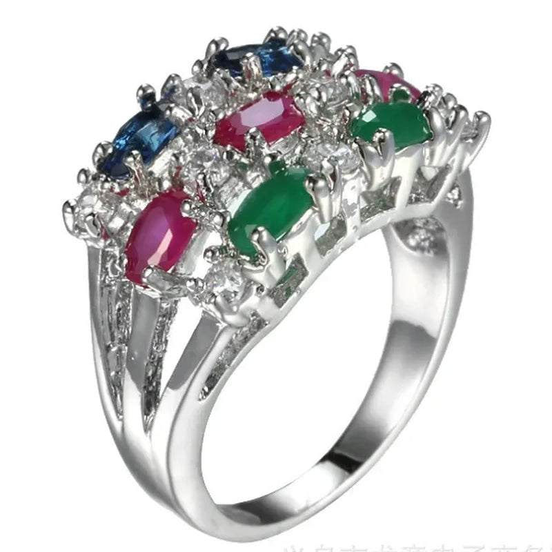 New Brand Gorgeous Ruby Sapphire Emerald -plated Ring Engagement Fashion Jewelry