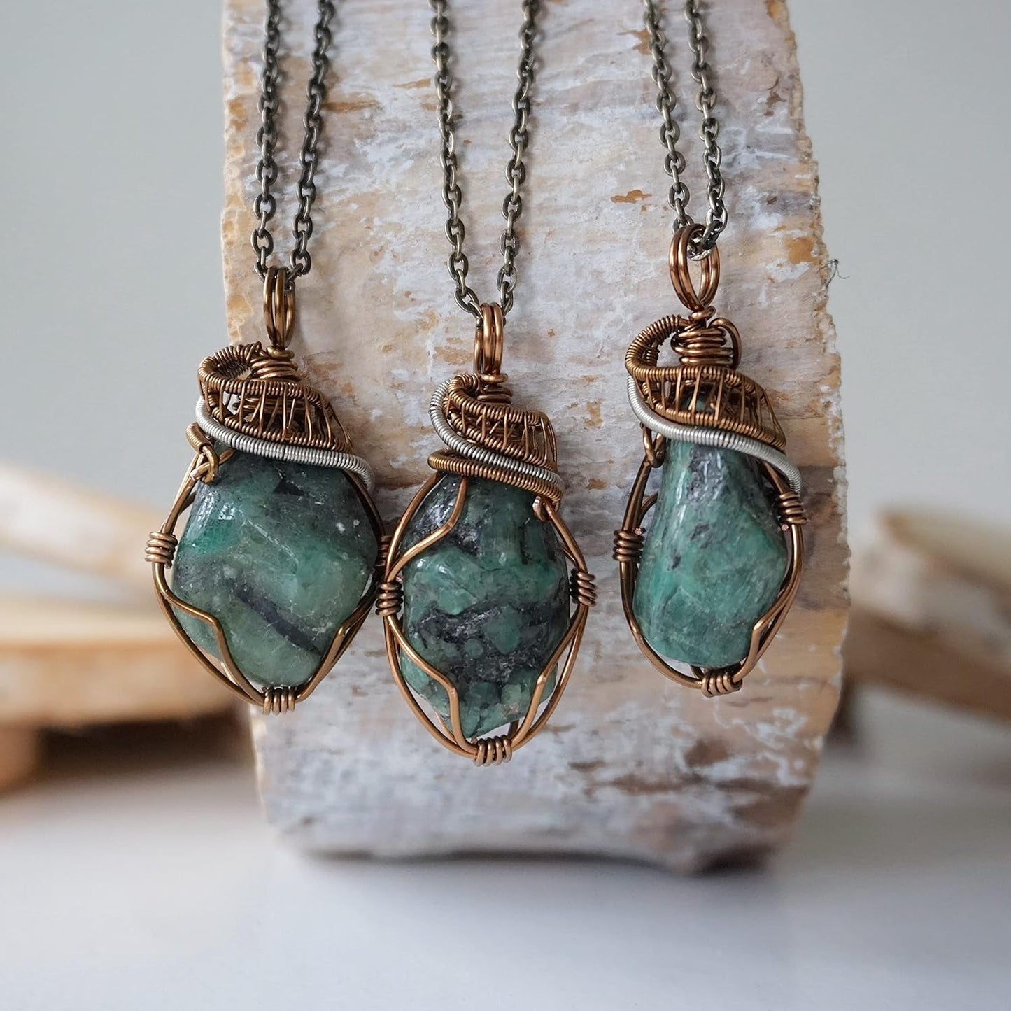 Emerald Wire Wrapped Pendant, Copper Crystal Necklace, with 24 Inch Antique Bronze Chain, May Birthstone Jewelry, Handmade in North America