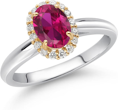 Halo Engagement Ring for Women in 10K White and Yellow Gold with 7X5MM Oval Gemstone Birthstone and White Lab Grown Diamond | Available in Size 5, 6, 7, 8, 9