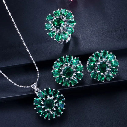 Gloriya Shining Purple Stone Sun Flower Pendant Necklace Earrings Ring Set For Women Newest Silver Color Jewelry