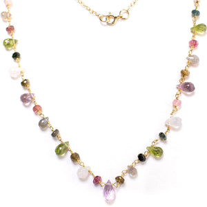 Multi Gemstones Necklace Wire Wrapped Faceted Peridot, Moonstone, Amethyst, Labradorite, Pink Tourmaline, Prehnite Briolette Drop 4X6-5X9Mm,Rondelle in 14K Gold Filled Chain & Clasp Necklace (18")