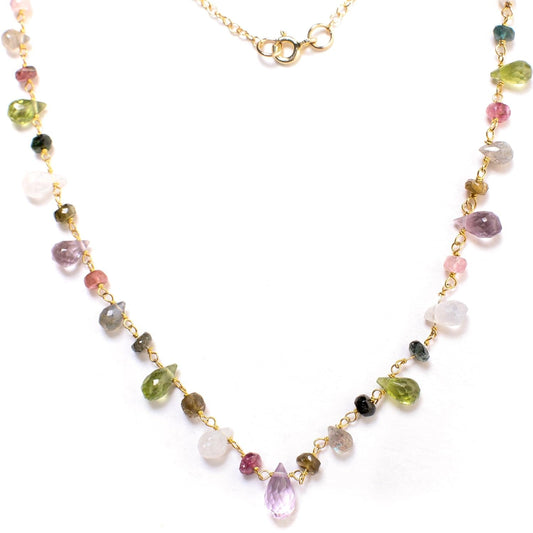 Multi Gemstones Necklace Wire Wrapped Faceted Peridot, Moonstone, Amethyst, Labradorite, Pink Tourmaline, Prehnite Briolette Drop 4X6-5X9Mm,Rondelle in 14K Gold Filled Chain & Clasp Necklace (18")