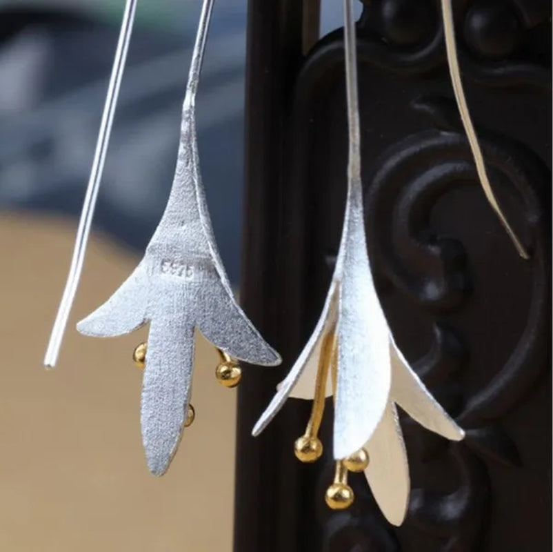 2020 Elegant Women Vintage Orchid Shape Long Hook 925 Sterling Silver Earrings Socialite Eardrop Jewelry Gift