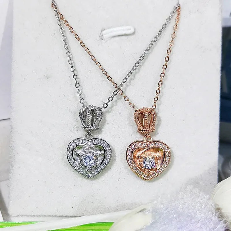 Fashion Cute Silver Plated Heart Shaped Crown Diamond Pendant Necklace for Women Wedding Engagement Rose Gold Clavicle Jewelry Gift