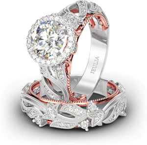 4 Carat Openwork Ring Sets for Women 925 Sterling Silver Wedding Sets Rose Gold round Cut Halo Engagement Ring White Diamond Band CZ Solitaire Anniversary Promise Rings