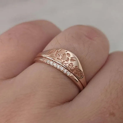 2Pcs/Set Women'S Fashion Jewelry Exquisite 925 Sterling Silver Ring Personality Carved Rose Flower Stackable Diamond Wedding Rings Set Beautiful Princess Bride Proposal Engagement Cocktail Party Accessories Anniversary Gift Size US4-12 Bague Femme