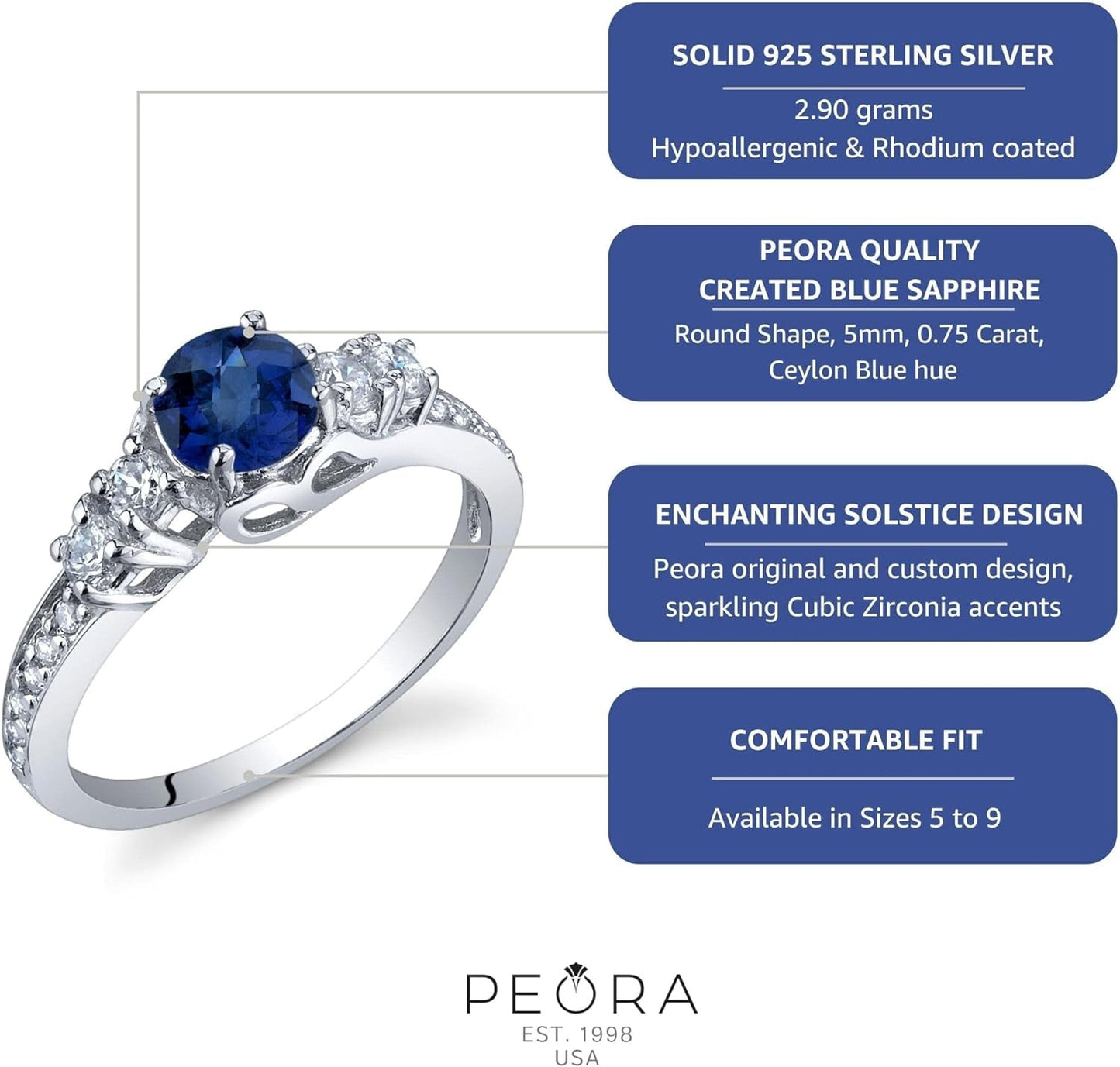 Created Blue Sapphire Women Ring 925 Sterling Silver, Enchanting Solstice Design, 0.75 Carat round 5Mm Sizes 5 to 9
