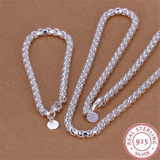 925 Silver Beautiful round Box Chain Necklace Bracelet for Woman Men Fashion Wedding Party Bridal Jewelry Set