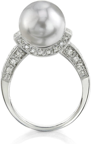 18K Gold 10-11Mm round Genuine White South Sea Cultured Pearl & Diamond Ring for Women