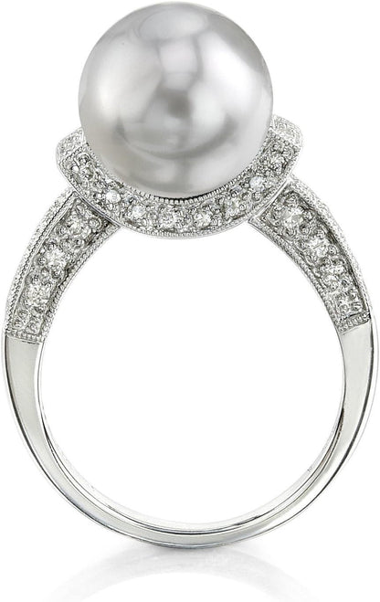 18K Gold 10-11Mm round Genuine White South Sea Cultured Pearl & Diamond Ring for Women