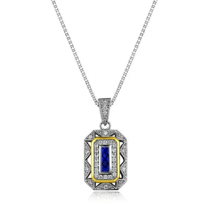 0.50 Ct Blue Sapphire White CZ 925 Sterling Silver Yellow Pendant Chain Necklace
