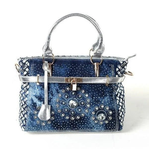 Womens Handbag Large Oxford Shoulder Bags Patchwork Jean Style and Denim Diamond Decoration Totes