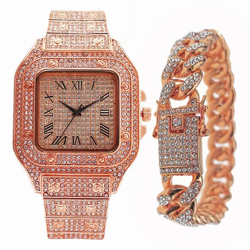 24K Gold / 925 Silver / Rose Gold Stainless Steel Hip Hop Jewelry Iced Out Diamond Thick Miami Cuban Link Chain Necklace Bracelet Watch for Men'S and Women'S Party Jewelry Set Nightclub Bar Fashion Accessories