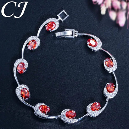 CANDICE Hot Sale Silver Hand Jewelry Classic Oval Red Crystal White Zircon Peacock Tennis Bracelet Bangle for Women Gift 18cm