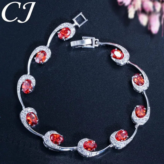 CANDICE Hot Sale Silver Hand Jewelry Classic Oval Red Crystal White Zircon Peacock Tennis Bracelet Bangle for Women Gift 18cm