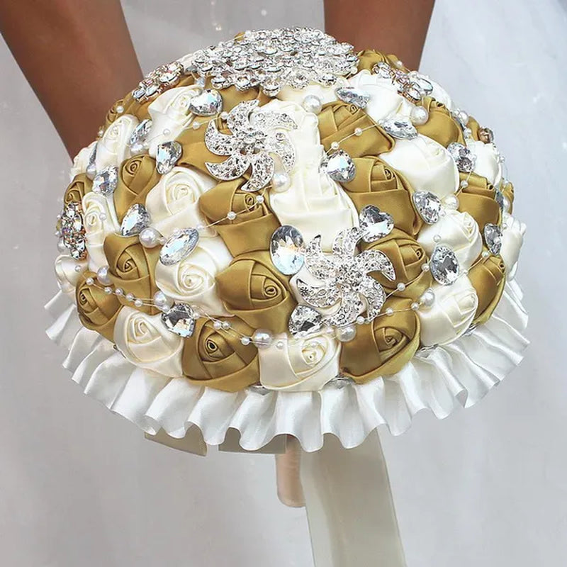 Bride Wedding Bouquet Ivory Gold Rose Flower Crystal Brooch Bouquet Flowers Diameter 18CM