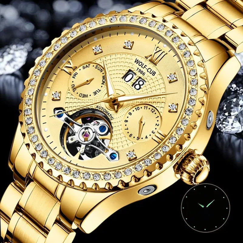 WOLF-CUB New Men Luxury Diamond Watch Full Gold Watch Tourbillon Mechanical Watch Automatic Watch Stainless Steel Waterproof Luminous Relogio Masculinos