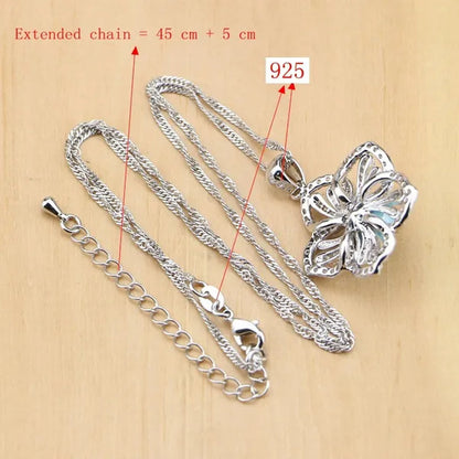 Flower 925 Silver Jewelry Set Blue Pearl with Beads Pendant Drop Earrings Rings Necklace for Women