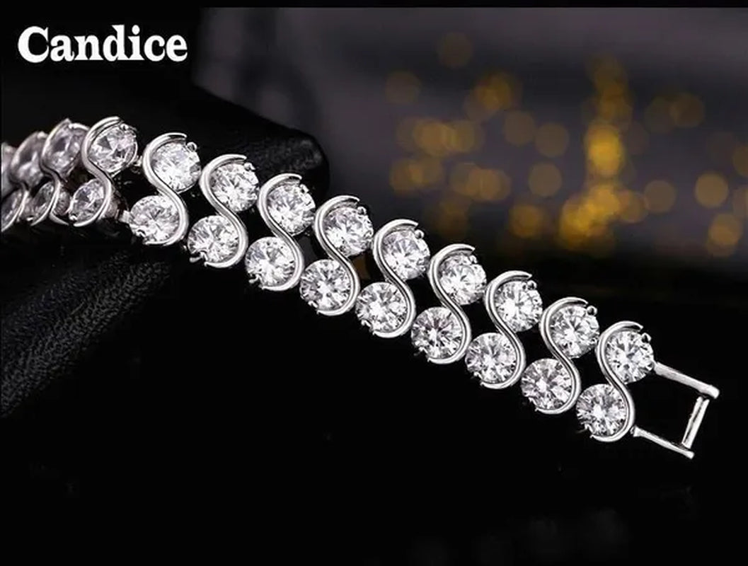 CANDICE Elegant 2 Row Cubic Zirconia Design Sterling Silver Plated Tennis Bracelet& Bangle for Women Gift