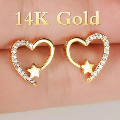 Gold Love Heart Star White Sapphire Diamond Stud Earrings for Women Wedding Engagement Bride Jewelry Gift